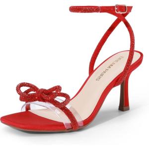 DREAM PAIRS Women’s Double Bowknots Heels Open Square Toe Ankle Strap Crystal Rhinestone Dress Sandals for Party Wedding(Red-satin)