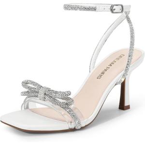 DREAM PAIRS Women’s Double Bowknots Heels Open Square Toe Ankle Strap Crystal Rhinestone Dress Sandals for Party Wedding(White-pu)