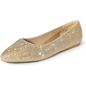 DREAM PAIRS Women’s Dress Pointed Toe Flats Ballet Comfort Soft Slip On Casual Flat Shoes for Work Office Business(Gold-rhinestone)