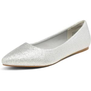 DREAM PAIRS Women’s Dress Pointed Toe Flats Ballet Comfort Soft Slip On Casual Flat Shoes for Work Office Business(Silver/Glitter)