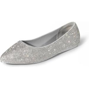 DREAM PAIRS Women’s Dress Pointed Toe Flats Ballet Comfort Soft Slip On Casual Flat Shoes for Work Office Business(Silver-rhinestone)