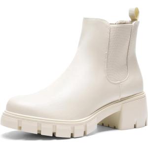 DREAM PAIRS Women’s Elastic Chelsea Ankle Boots Platform Low Chunky Block Heel Lug Sole Slip on Fall Heeled Booties Shoes(Beige)