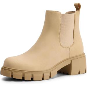 DREAM PAIRS Women’s Elastic Chelsea Ankle Boots Platform Low Chunky Block Heel Lug Sole Slip on Fall Heeled Booties Shoes(Nude)