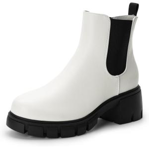 DREAM PAIRS Women’s Elastic Chelsea Ankle Boots Platform Low Chunky Block Heel Lug Sole Slip on Fall Heeled Booties Shoes(White)