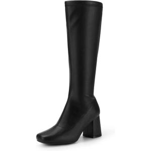 DREAM PAIRS Women’s Gogo Boots Square Toe Chunky Wide Calf Knee High Boots For Women(Black/Pu)