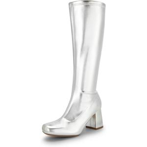 DREAM PAIRS Women’s Gogo Boots Square Toe Chunky Wide Calf Knee High Boots For Women(Metallic Silver)