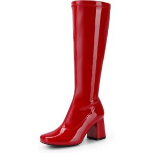 DREAM PAIRS Women’s Gogo Boots Square Toe Chunky Wide Calf Knee High Boots For Women(Red/Patent/Pu)