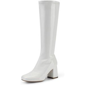DREAM PAIRS Women’s Gogo Boots Square Toe Chunky Wide Calf Knee High Boots For Women(White/Patent/Pu)