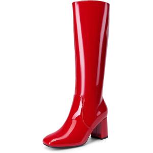 DREAM PAIRS Women’s Gogo Boots Square Toe Side Zipper Chunky Heel Knee High Boots For Women(Red)