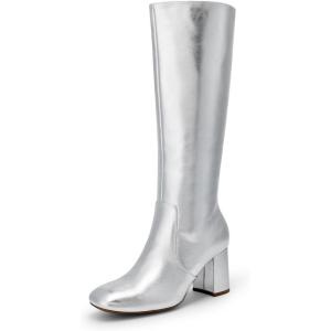 DREAM PAIRS Women’s Gogo Boots Square Toe Side Zipper Chunky Heel Knee High Boots For Women(Silver)
