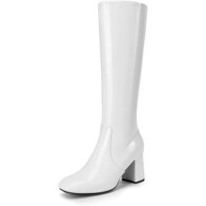 DREAM PAIRS Women’s Gogo Boots Square Toe Side Zipper Chunky Heel Knee High Boots For Women(White)