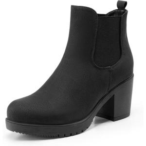 DREAM PAIRS Women’s High Chunky Heel Chelsea Ankle Boots Slip On Elastic Fall Heeled Booties Shoes(Black/Pu)