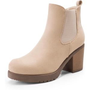 DREAM PAIRS Women’s High Chunky Heel Chelsea Ankle Boots Slip On Elastic Fall Heeled Booties Shoes(Nude-suede)