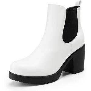 DREAM PAIRS Women’s High Chunky Heel Chelsea Ankle Boots Slip On Elastic Fall Heeled Booties Shoes(White/Black)