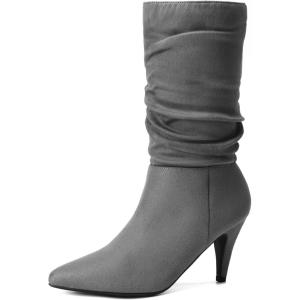 DREAM PAIRS Women’s High Heel Mid Calf Boots Slouchy Pointed Toe Fall Boots(Light Grey/K)