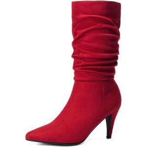 DREAM PAIRS Women’s High Heel Mid Calf Boots Slouchy Pointed Toe Fall Boots(Red/K)