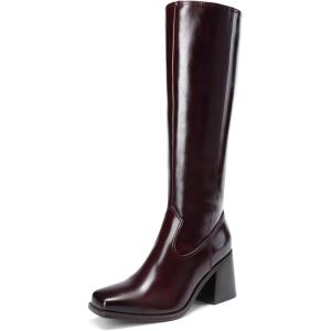 DREAM PAIRS Women’s Knee High Boots Chunky Heel Square Toe Tall Boot for Women with Side Zipper(Burgundy)