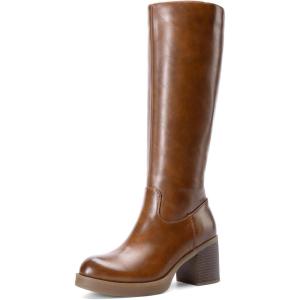 DREAM PAIRS Women’s Knee High Boots Chunky Platform Heel Round Toe Boots for Women Side Zipper Stylish Comfortable Tall Boots(Brown)