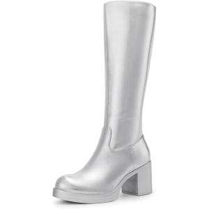 DREAM PAIRS Women’s Knee High Boots Chunky Platform Heel Round Toe Boots for Women Side Zipper Stylish Comfortable Tall Boots(Silver)