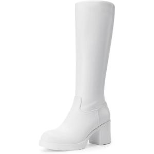 DREAM PAIRS Women’s Knee High Boots Chunky Platform Heel Round Toe Boots for Women Side Zipper Stylish Comfortable Tall Boots(White)