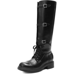 DREAM PAIRS Women’s Knee High Boots Combat Boots Goth Boot Lace Up Adjustable Buckles Chunky Low Heel Fall Booties with Side Zipper to Put on and off(Black)