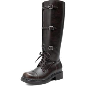 DREAM PAIRS Women’s Knee High Boots Combat Boots Goth Boot Lace Up Adjustable Buckles Chunky Low Heel Fall Booties with Side Zipper to Put on and off(Brown)