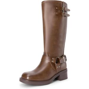 DREAM PAIRS Women’s Knee High Boots Combat Boots Goth Boot Lace Up Adjustable Buckles Chunky Low Heel Fall Booties with Side Zipper to Put on and off(Brown-pu)