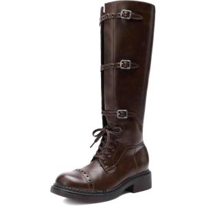 DREAM PAIRS Women’s Knee High Boots Combat Boots Goth Boot Lace Up Adjustable Buckles Chunky Low Heel Fall Booties with Side Zipper to Put on and off(Dark Brown)