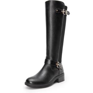 DREAM PAIRS Women’s Knee High Boots Comfortable Elastic Knit Fabric Chunky Block Heel Round Toe Side Zipper Riding Biker Motorcycle Buckle Boots,Size 8.5,BLACK-FABRIC,UTAH-1