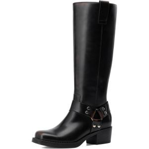 DREAM PAIRS Women’s Knee High Boots Motorcycle Riding Pull-on Fashion Long Square Toe Buckle Biker Boots for Women(Black/Brown)