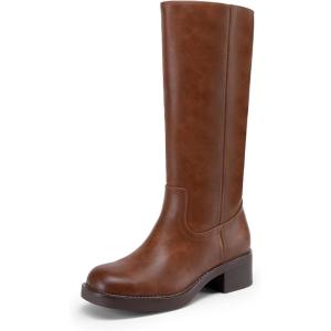 DREAM PAIRS Womens Knee High Boots Square Toe Platform Chunky Block Heel Banana Campus Boots for Women Comfortable Low Heel Side Zipper Womens Riding Tall Boots(Light Brown)