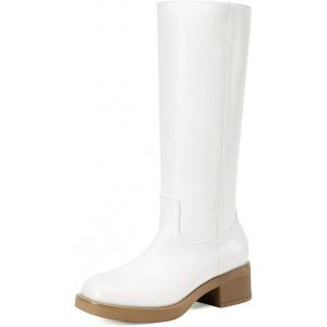 DREAM PAIRS Womens Knee High Boots Square Toe Platform Chunky Block Heel Banana Campus Boots for Women Comfortable Low Heel Side Zipper Womens Riding Tall Boots(White)