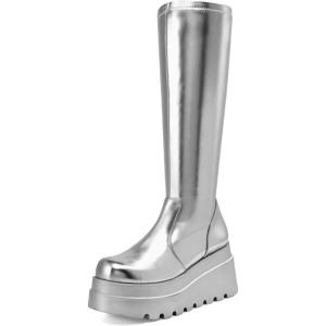 DREAM PAIRS Women’s Knee High Boots Wedge Platform Chunky Heel Round Toe Side Zipper Fashion Long Tall Sock Motorcycle Combat Goth Boots for Women(Silver)