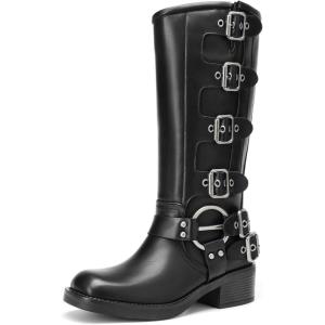 DREAM PAIRS Women’s Knee High Riding Boots Side Zipper Motorcycle Boots Square Toe Chunky Heel Fashion Buckles Biker Boots(Black-zipper)