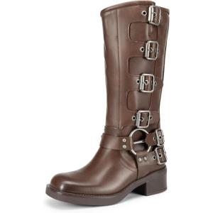 DREAM PAIRS Women’s Knee High Riding Boots Side Zipper Motorcycle Boots Square Toe Chunky Heel Fashion Buckles Biker Boots(Tan)