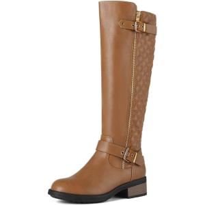 DREAM PAIRS Women’s Knee-High Boots Comfortable Chunky Block Heel Round Toe Side Zipper Riding Fashion Buckles Biker Motorcycle Boots(Camel)
