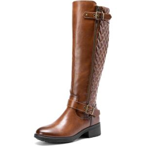 DREAM PAIRS Women’s Knee-High Boots Comfortable Chunky Block Heel Round Toe Side Zipper Riding Fashion Buckles Biker Motorcycle Boots(Tan)