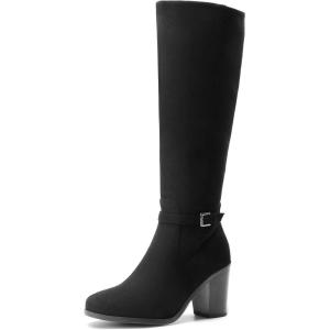 DREAM PAIRS Women’s Knee-High Boots Comfortable Chunky Block Heel Side Zipper(Black-suede)
