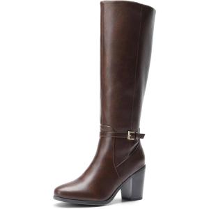 DREAM PAIRS Women’s Knee-High Boots Comfortable Chunky Block Heel Side Zipper(Brown-pu)