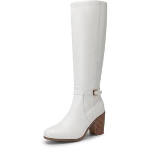 DREAM PAIRS Women’s Knee-High Boots Comfortable Chunky Block Heel Side Zipper(White-pu)