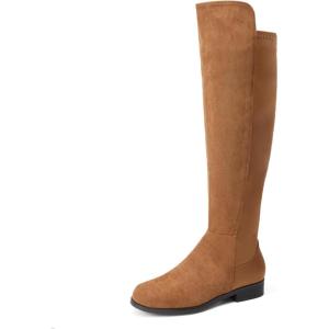 DREAM PAIRS Women’s Knee-High Boots Comfortable Flat Low Heel Round Toe Stretchy Suede Slouch Boots with Side Zipper(Camel)