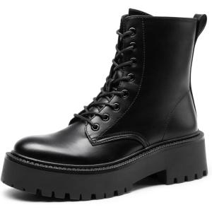 DREAM PAIRS Women’s Lace up Combat Ankle Boots Fashion Lug Sole Platform Booties Shoes,Size 8,BLACK-PU,SDAB2442W