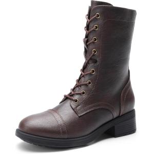 DREAM PAIRS Women’s Lace up Mid Calf Combat Riding Military Boots(Dark Brown)