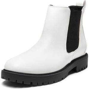 DREAM PAIRS Women’s Low Heel Chelsea Ankle Boots Fashion Slip On Elastic Fall Booties Shoes(White/Black)