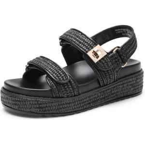 DREAM PAIRS Women’s Low Wedge Sandals Comfortable Arch Support Platform Open toe Casual Dressy Flat Summer Sandals with Adjustable Straps(Black-raffia)