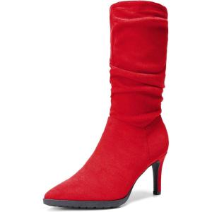 DREAM PAIRS Women’s Mid Calf Boots High Heels Pointed Toe Zip Fashion Dressy Boot(Red-suede)