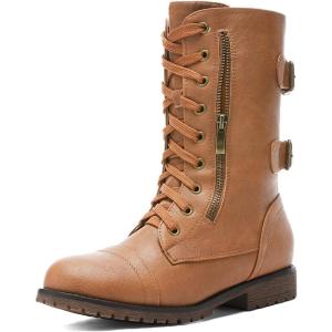 DREAM PAIRS Women’s Mid Calf Built-in Wallet Pocket Lace up Military Combat Boots(Camel)