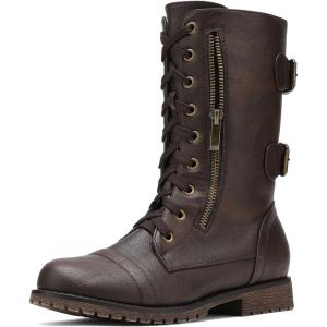 DREAM PAIRS Women’s Mid Calf Built-in Wallet Pocket Lace up Military Combat Boots(Classic Brown)