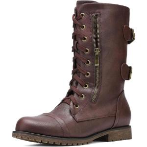 DREAM PAIRS Women’s Mid Calf Built-in Wallet Pocket Lace up Military Combat Boots(Classic Burgundy)