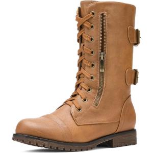 DREAM PAIRS Women’s Mid Calf Built-in Wallet Pocket Lace up Military Combat Boots(Classic Camel)